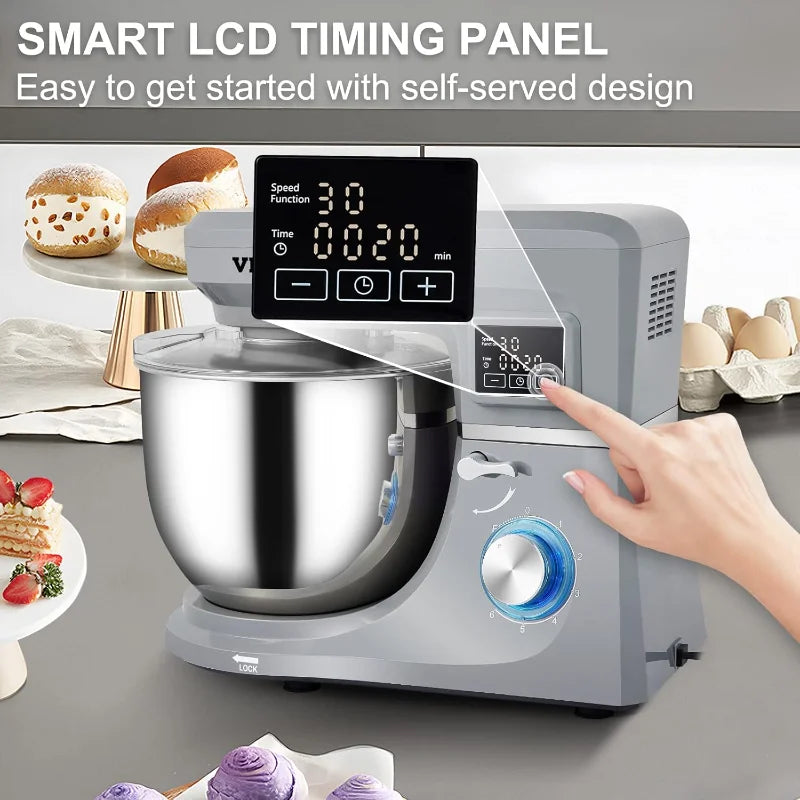 VEVOR Stand Mixer, Multifunctional Electric Mixer with 6 Speeds LCD Screen Timing, 7.4 Qt Stainless Bowl, Meat Grinder,Juice Cup