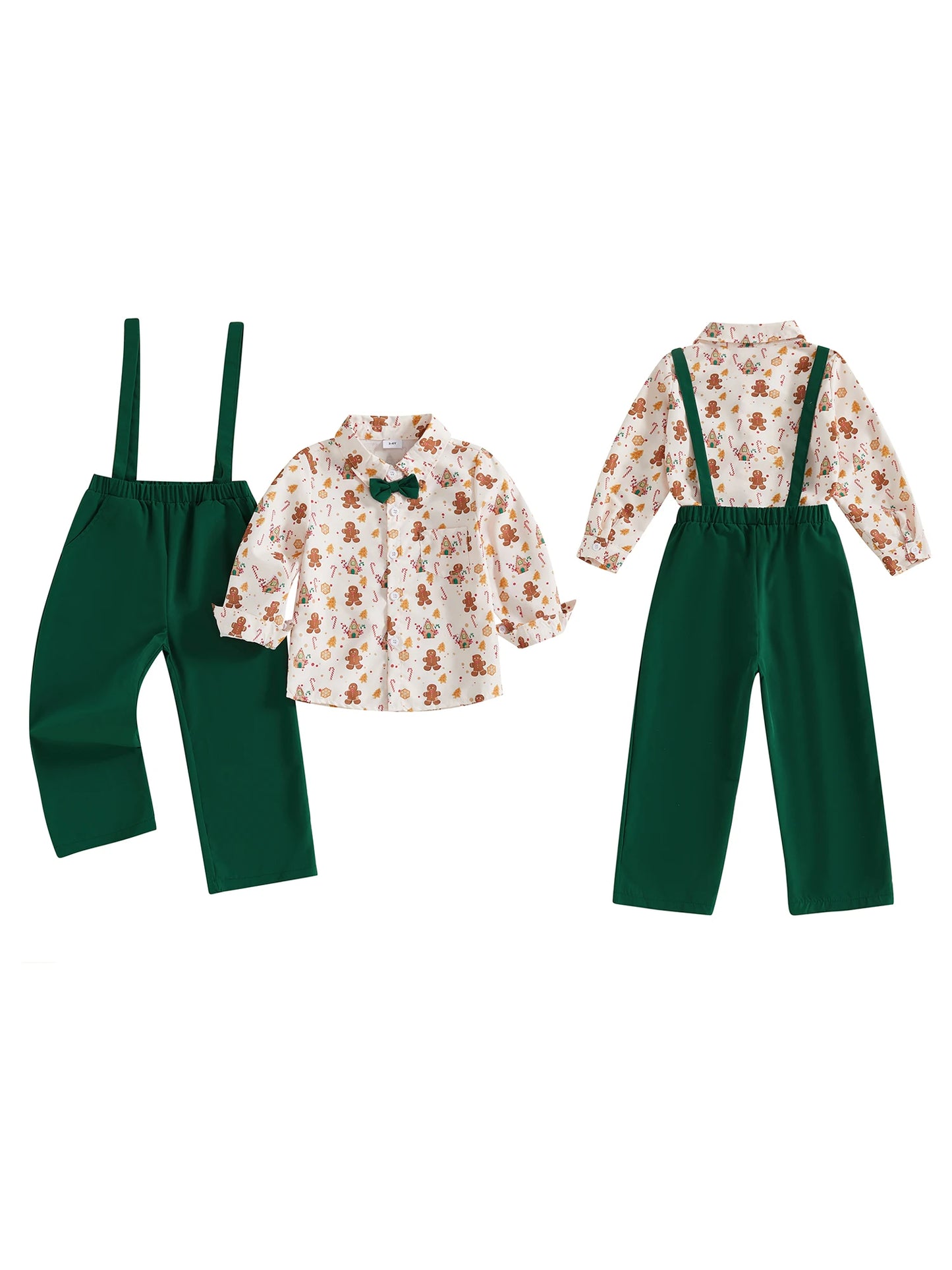 Infant Boys Christmas Outfit Set Gingerbread Print Shirt with Long Sleeves and Solid Color Overalls Pants 2-Piece Clothing