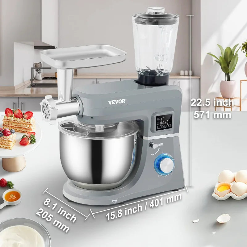 VEVOR Stand Mixer, Multifunctional Electric Mixer with 6 Speeds LCD Screen Timing, 7.4 Qt Stainless Bowl, Meat Grinder,Juice Cup