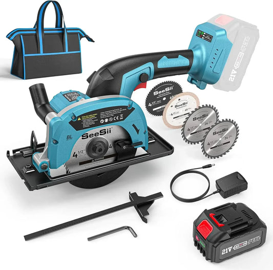 Seesii Cordless Mini Circular Saw 4-1/2" Electric Compact Circular Saw 5380RPM for Cutting Wood Plastic Soft Metal Power Tools