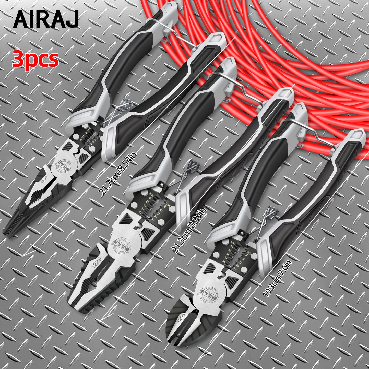 AIRAJ 8 inch Multi functional diagonal pliers 9 inch  pointed nose pliers hardware Tools wire pliers, 3 pcs electrician pliers