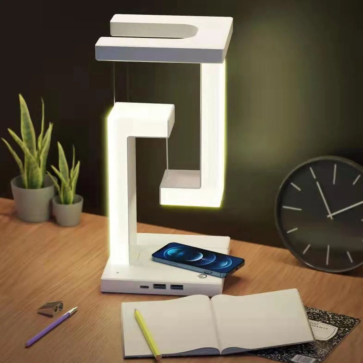 LED Desk Lamp Magnetic Levitation Night Light 3 Gears Touching  LED Table Lamp with Phone Wireless Charging White