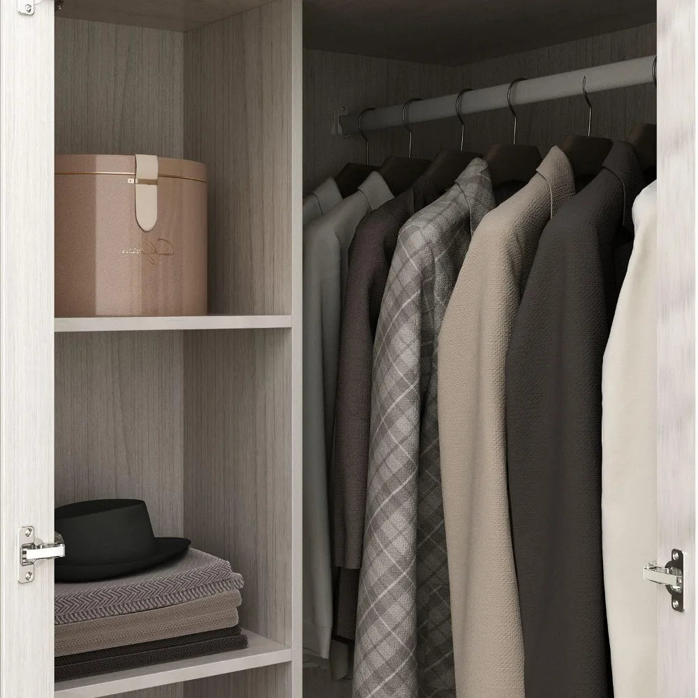 Corner Wardrobe Closet with 2 Glass Doors, Armoire Wardrobe Closet with Hanging Rod, for Bedroom Wood Grain (16.3+19.1”W x 19.1