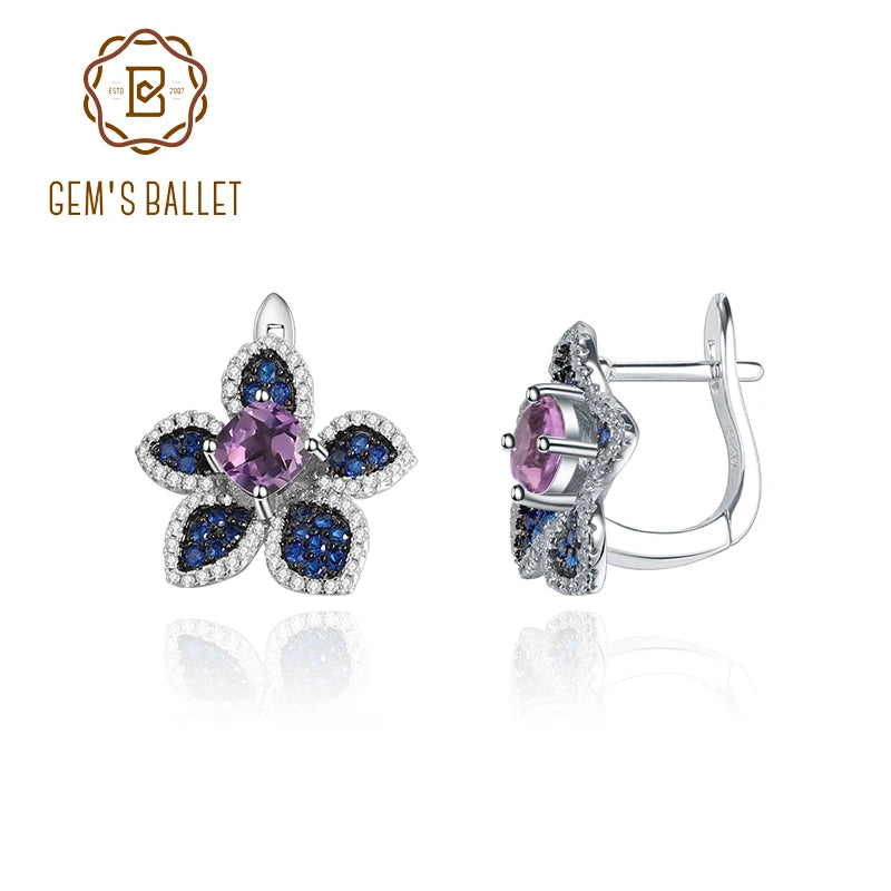 GEM'S BALLET 925 Sterling Silver Earrings Ring For Women Natural Amethyst Gemstones Flower Handmade Statement Stud Earrings