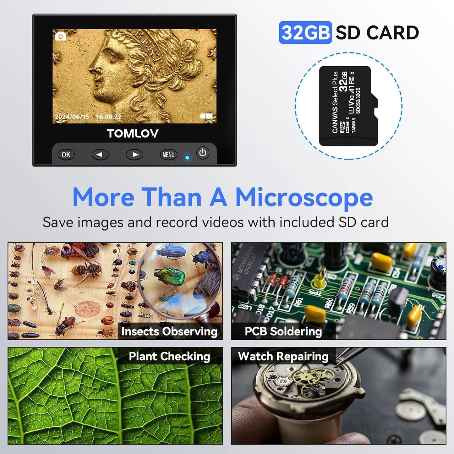 TOMLOV 1000X DM4S Digital Microscope:4.3" LCD,USB,LED, Metal Stand,PC, Photo/Video,SD Card,microscope Camera
