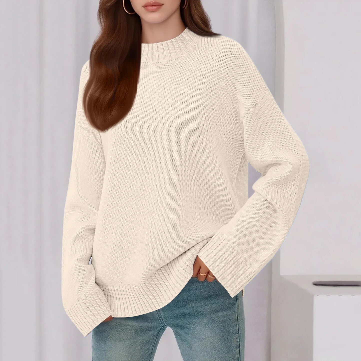 Womens Loose Round Neck Solid Color Bell Sleeve Long Sleeve Knitted Sweater Top Ropa De Mujer Sweater De Mujer Pull Femme