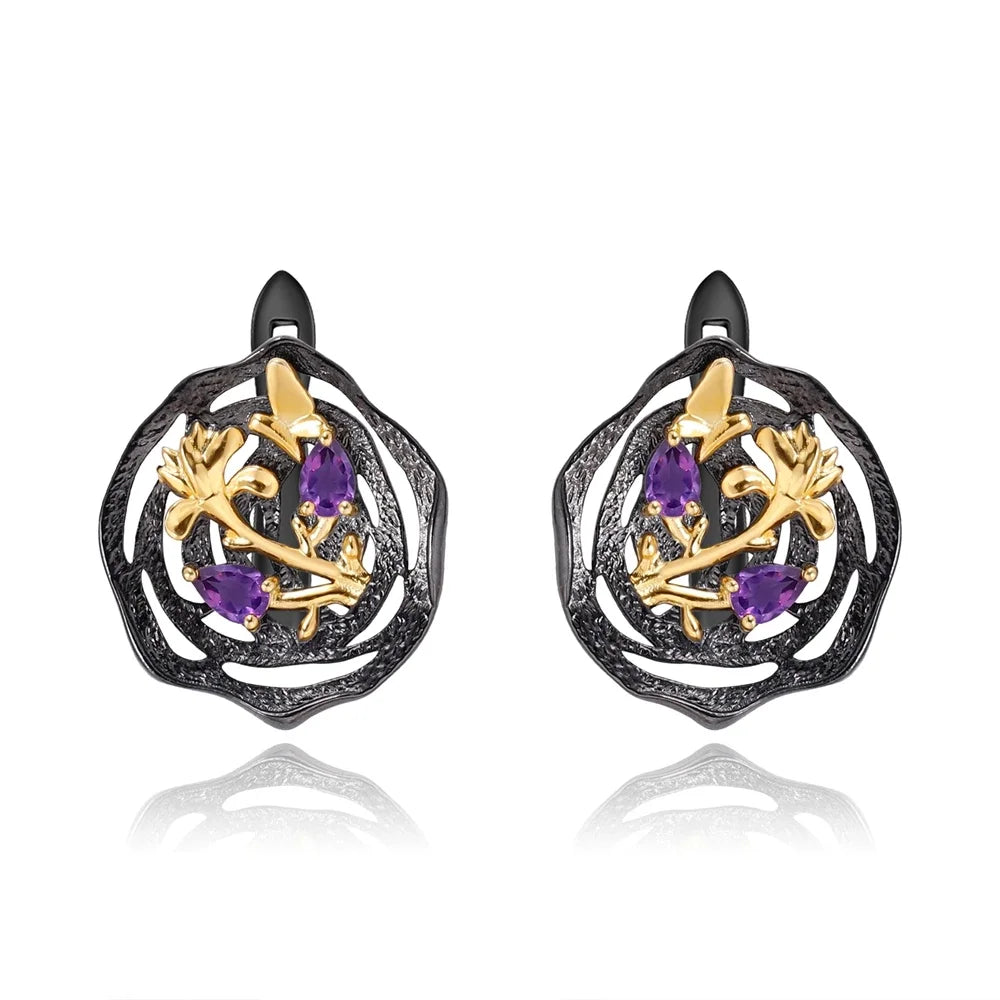 GEM'S BALLET Natural Peridot woman’s statement earrings 18k gold 925 silver two tone handmade butterfly flower lotus Earrings