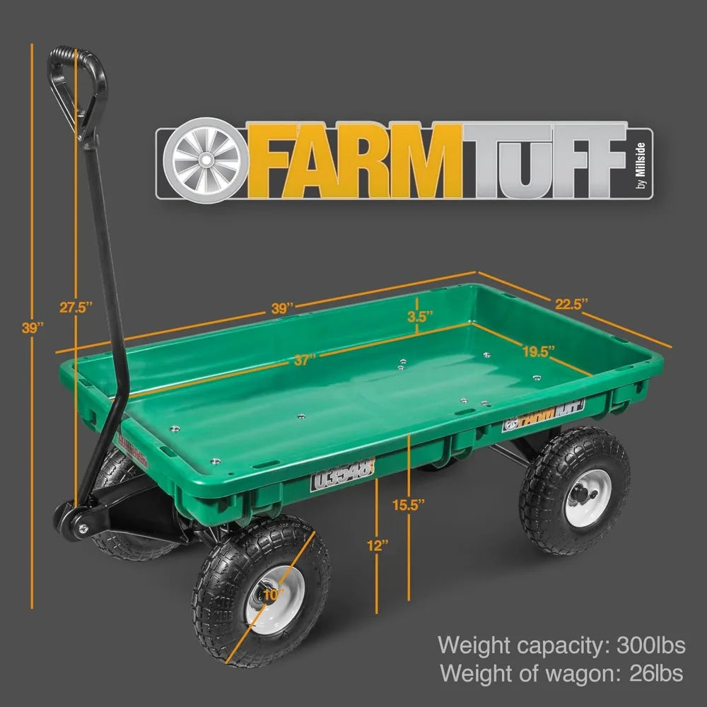 Farm Tuff Durable Plastic Deck Garden Wagon Utility Cart with Pneumatic Tires for Outdoor Hauling, Green, 20" x 38"