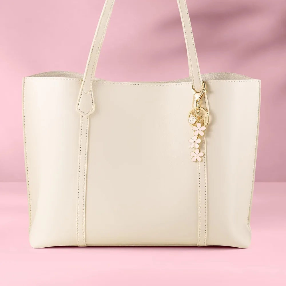 Initial Keychain White/Pink Flower Charms Key Cute Letter Keyring For Handbag Backpack