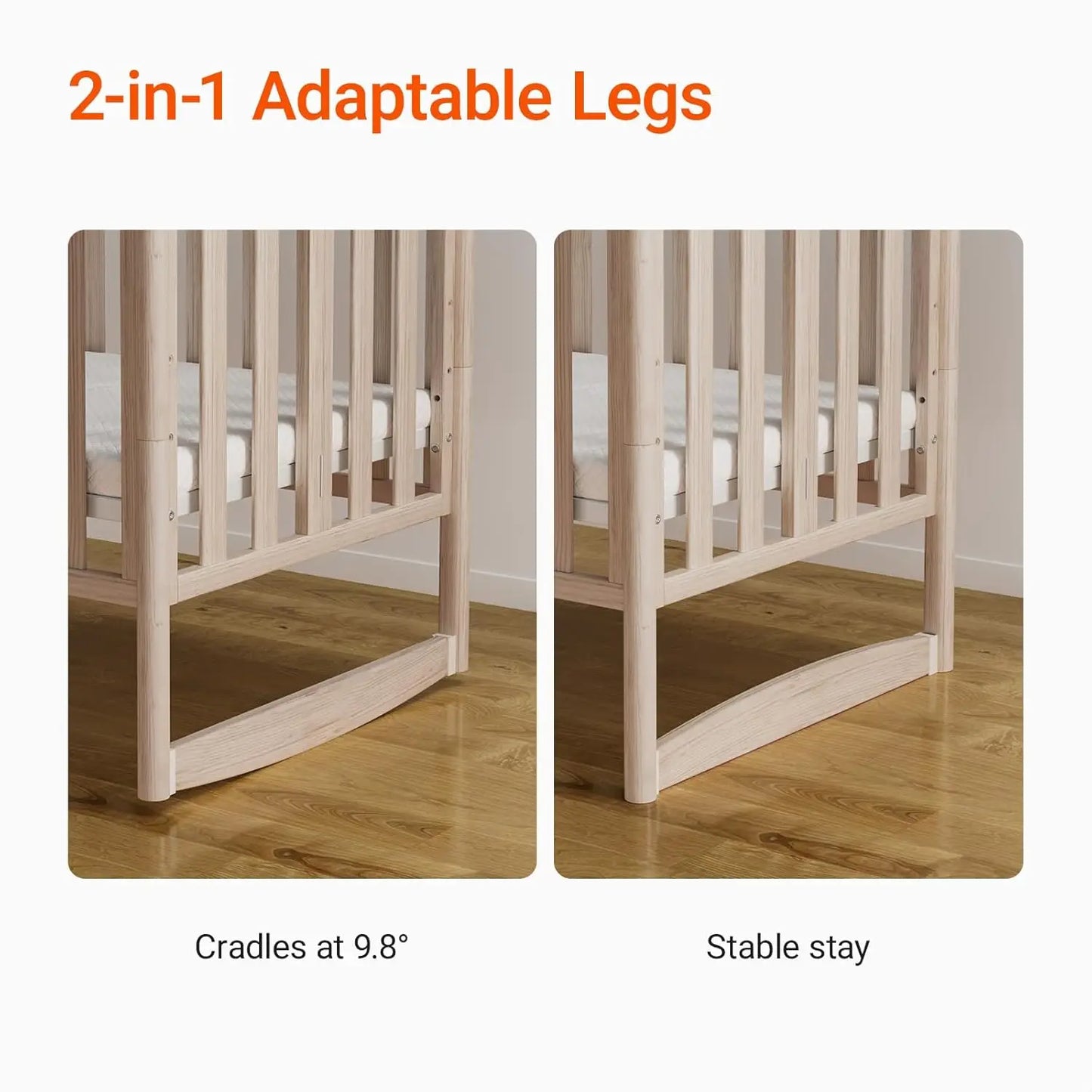 6-in-1 Mini Crib with Removable Wheels & Mattress 4 Adjustable Heights 100% New Zealand Pinewood Washed Natural
