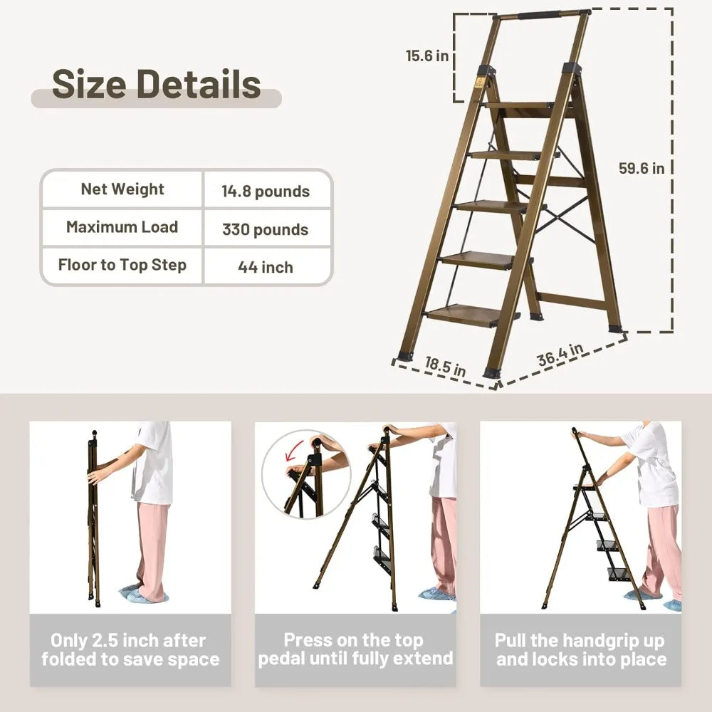 5 step ladder, aluminum 5 step stool with retractable handrail and anti-slip wide pedal, folding stool ladders 5 steps, 330lbs