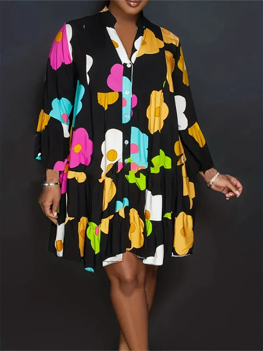Plus Size 2025 Autumn New Floral Printed Women's Dresses Casual Loose Button Fashion Streetwear Polyester V-Neck Pleated Dresses