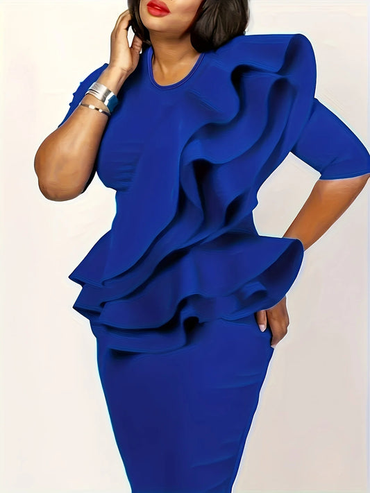 Women'S Plus Size Ruffle Peplum Dress, Solid Color, Round Neck, Stretch Polyester, Elegant Ruffle Hem, All-Season Fashion