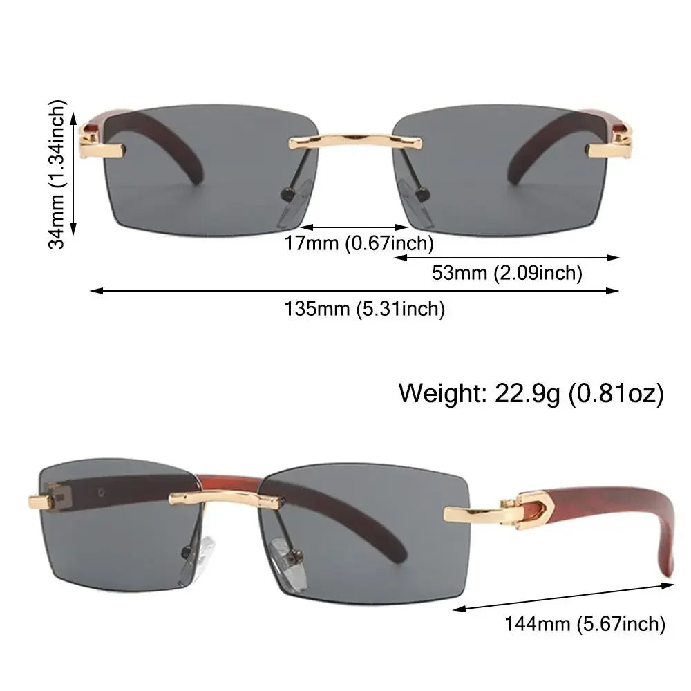 Rimless Sunglasses Men Women Wooden Pattern Luxury Brand Retro Square Sun Glasses Fashion Shades UV400 Travel Outdoor Eyewear