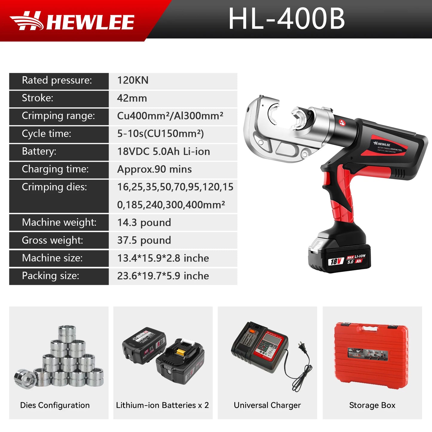 Electric Wire Cable Crimper 12TON Battery Powered Hydraulic Crimping Tool Range 6AWG to 800MCM with 12 Dies, Electricians for Ci