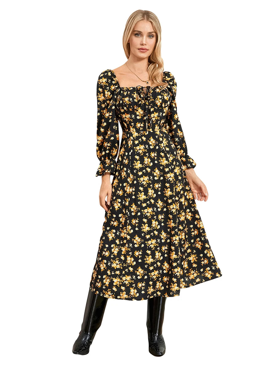 Women Long Dress Long Sleeve Square Neck Tie-up Floral Dress Slit Dress Fall Swing Dress