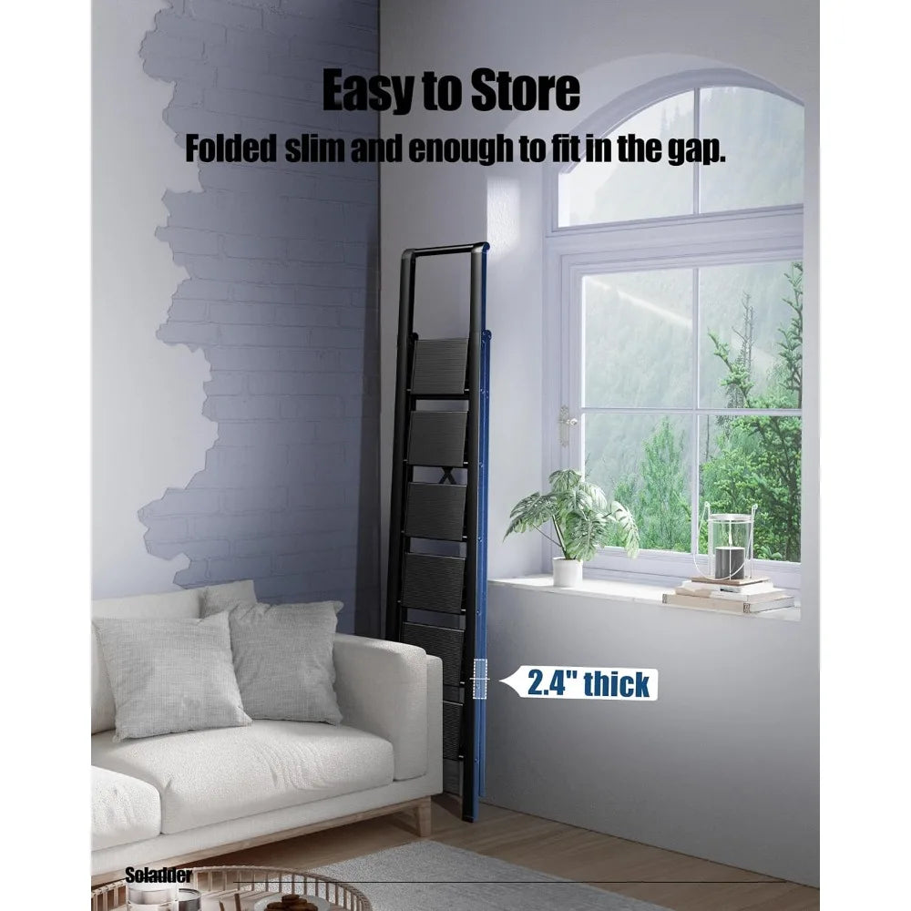 6 Step Ladder for 12 Feet High Ceiling, Folding Step Stool with Handgrip & Anti-Slip Wide Pedal, Portable Lightweight Aluminum S