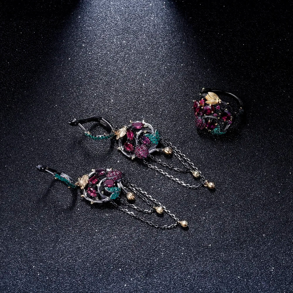 GEM'S BALLET Natural Rhodolite Garnet Tassel Earrings 925 Sterling Silver Handmade Gold Bee on Branch Drop Earrings for Women
