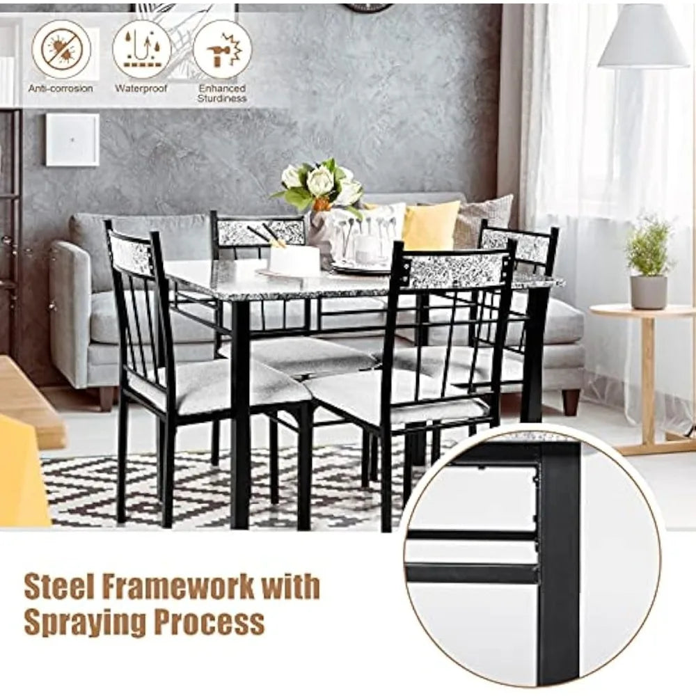 Kitchen Dining Set, Marble Dining Table Set with Sponge Cushion and Metal Structure, Modern Kitchen Table Set for Apartment