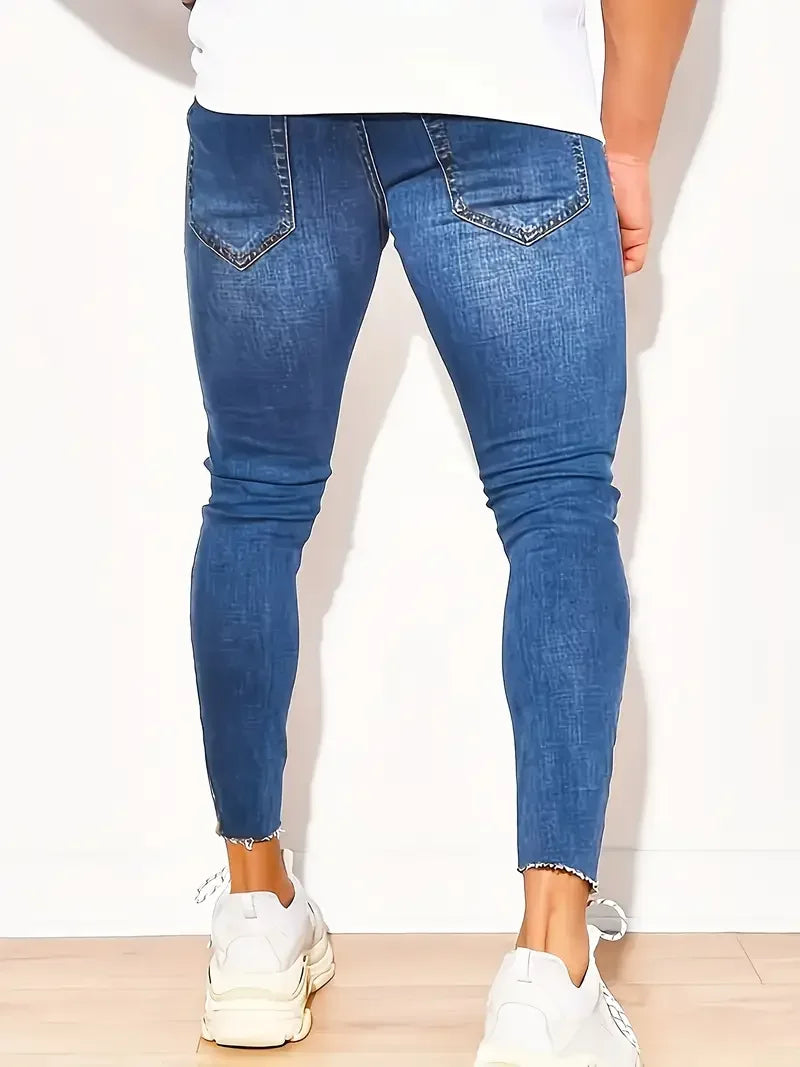 Men'S Slim Fit Distressed Warmth Jeans - Stretch Denim, Ripped Design, Mid-Rise, Cotton Blend, Perfect for Casual Street Style,