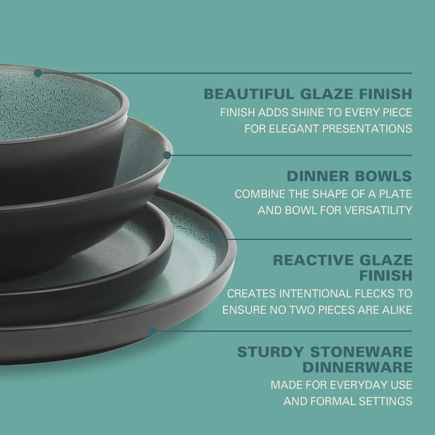 Tribeca Loft 16-Piece Dinnerware Set - Matte Black and Green Reactive Glaze Stoneware, Double Bowl Round Plates and Bowls - Mode