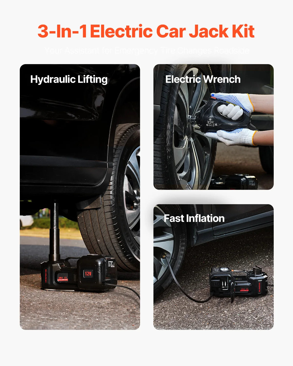 SucceBuy Electric Car Jack 12V 5T Electric Scissor Jack with Built-In Inflator Electric Impact Wrench LED Light for Sedan SUV