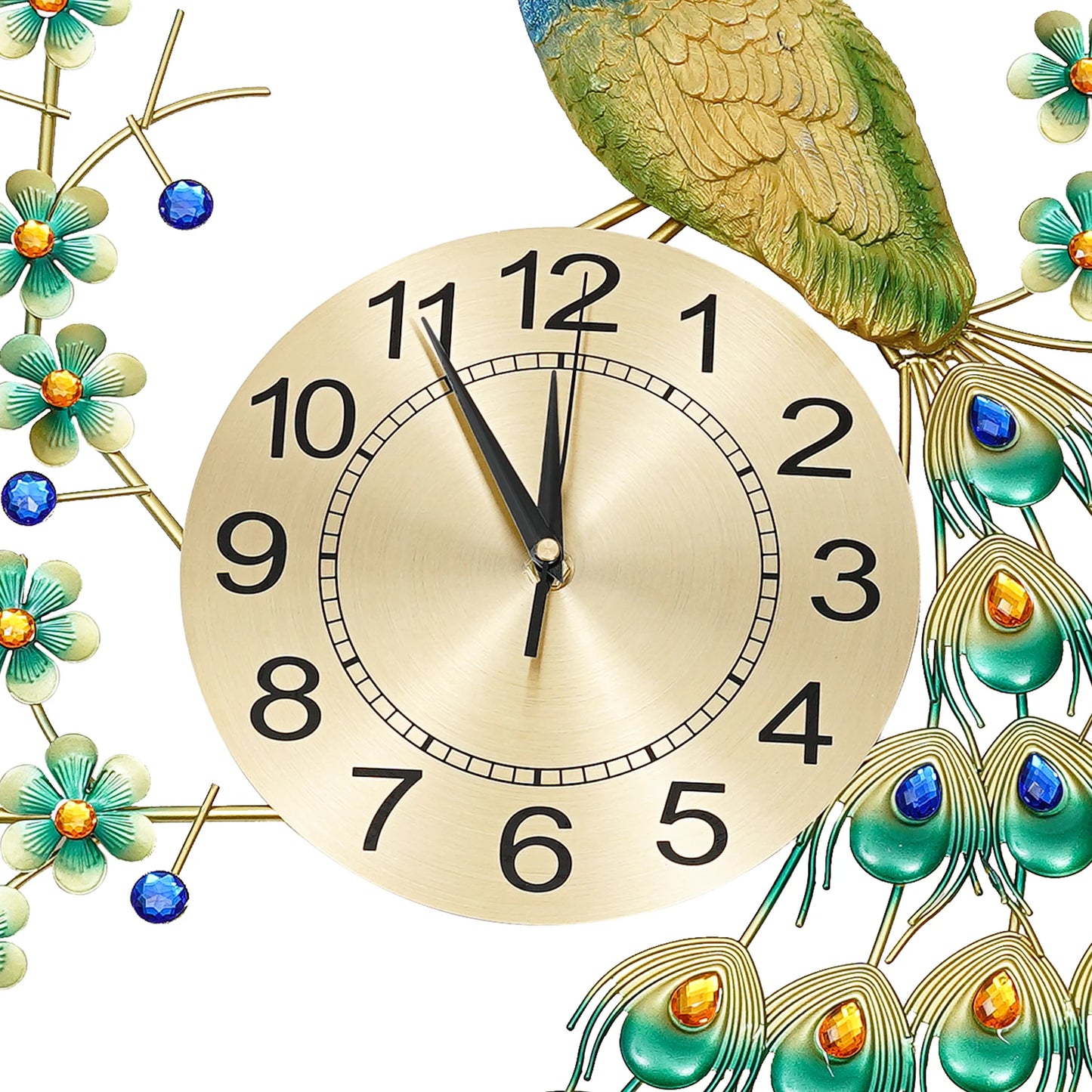 Luxury Peacock Wall Clock Metal 3D Art Decoration 8.26 Inch Silent Quartz Scanning Movement Dining Room Decor