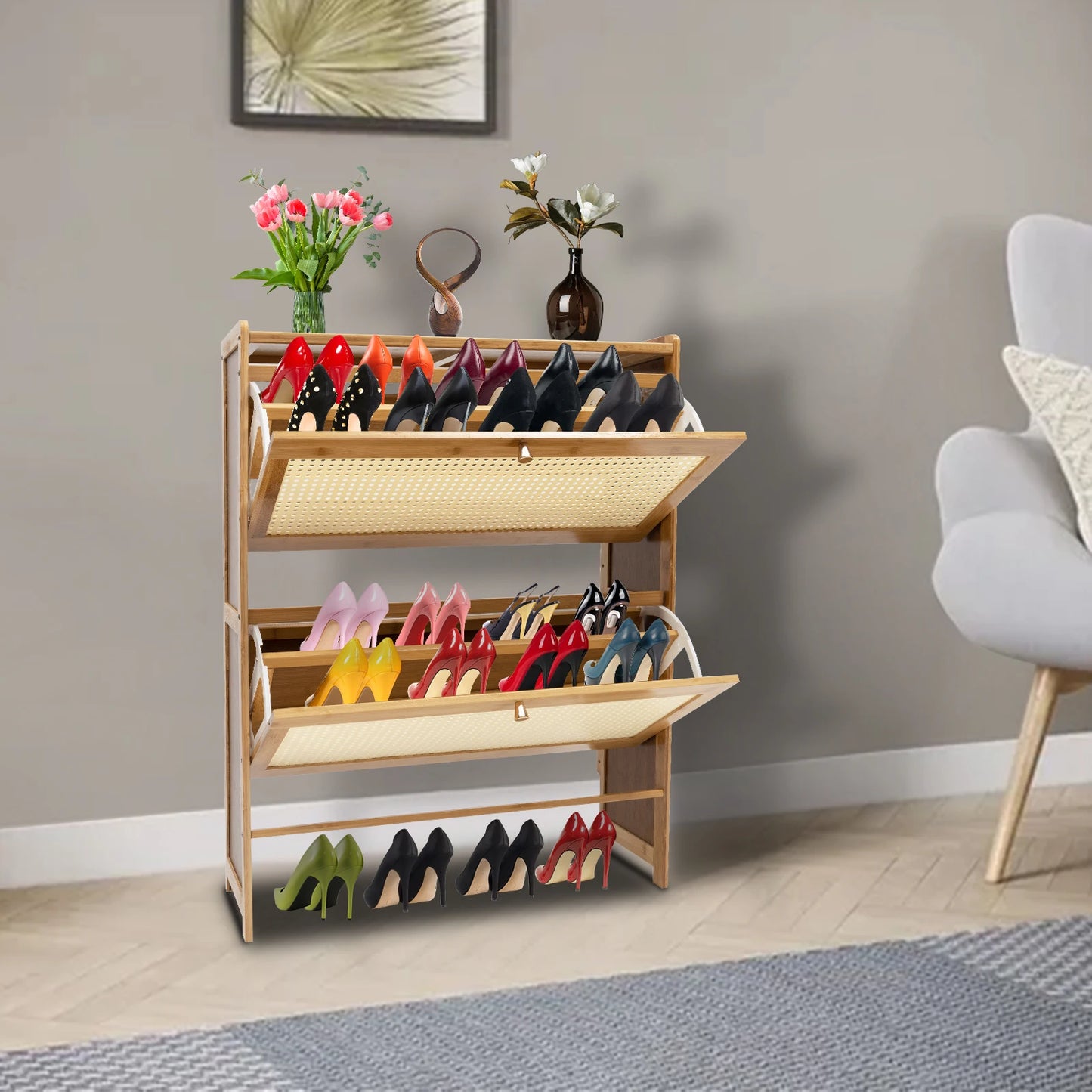 4-tier Rattan Shoe Cabinet Free-standing Shoes Storage Household Space Saving Cabinet for Entryway Hallway W/ 2 Fold-out Doors