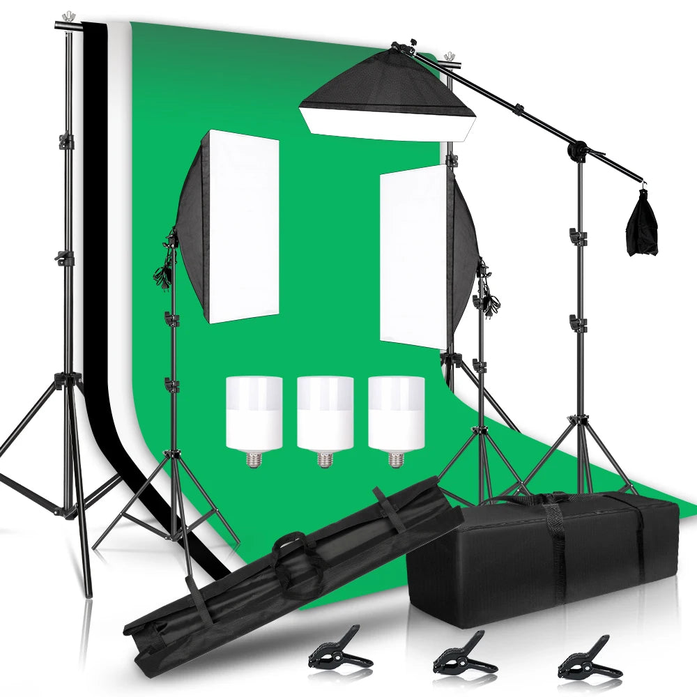 Photography Background Frame Support Softbox Lighting Kit with 3 Backdrops and Tripod Stand