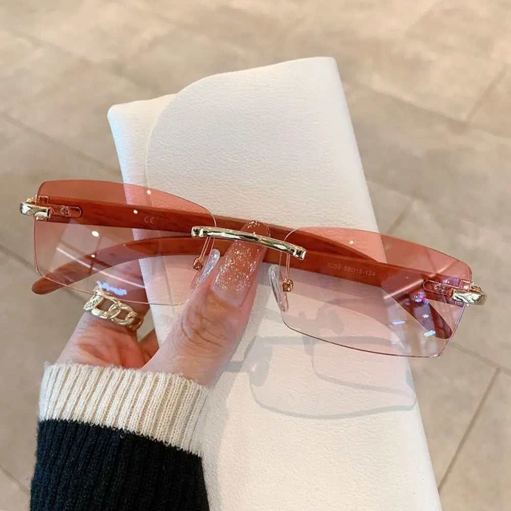 Rimless Sunglasses Men Women Wooden Pattern Luxury Brand Retro Square Sun Glasses Fashion Shades UV400 Travel Outdoor Eyewear