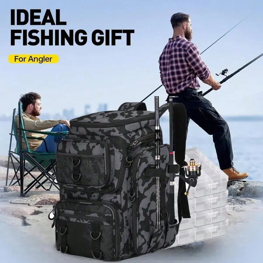 Fishing Tackle Backpack With Rod Holders 42L Capacity Bag