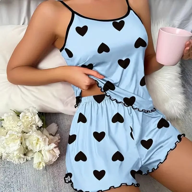 Women's Ice Silk Pajama Set – Pink Heart Print Short Sleeve T-Shirt & Shorts, Comfortable Summer Sleepwear