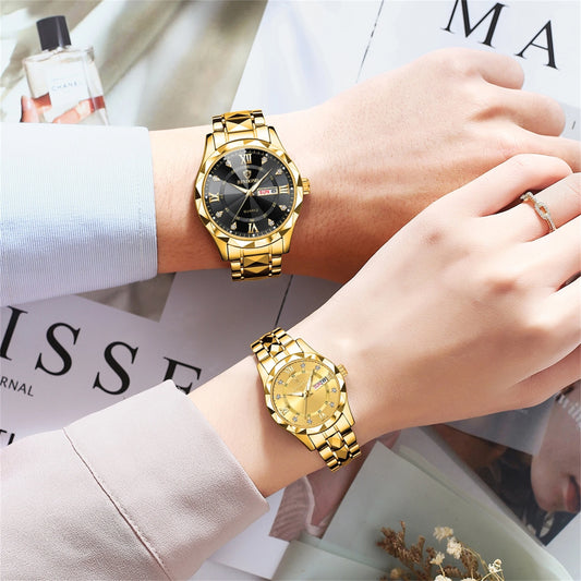 2pcs/set Couple Watches for Men and Women 316 Stainless Steel Strap Gold and Silver Blue dial English Week Calendar Date Display
