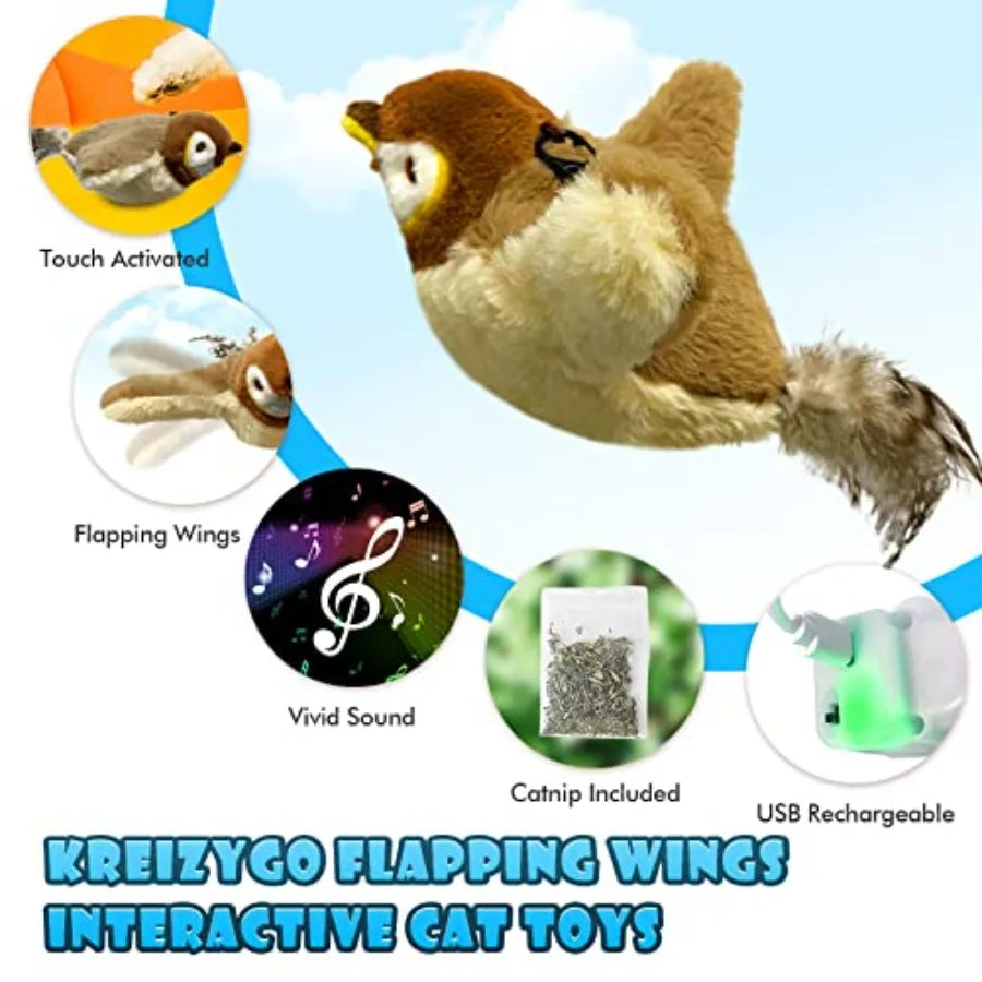 Cat Toys Flapping Wings Sparrow No Flying Chirping Bird Interactive Catnip Toy for Kitten or Small Dogs Touch Activated Recharg