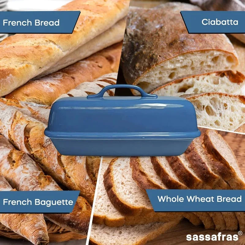 Sassafras Superstone Covered Bread Baker with Lid Glazed Exterior and Unglazed Interior Stoneware Bakeware Blue