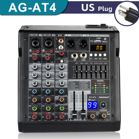 Freeboss Audio Mixer 4 Channels 99 Effect USB Mixing Console PC Record Bluetooth Studio 48V Sound Table Karaoke Mix Desk AG-AT4