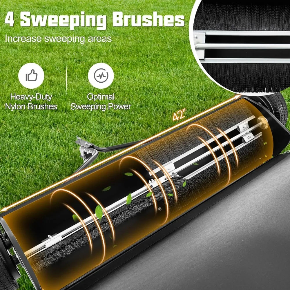 42" Lawn Sweeper Tow Behind, Yard Sweeper w/26Cu.FT Large-Capacity Hopper Bag, Dumping Rope, Adjustable Sweeping Height, Leaf G