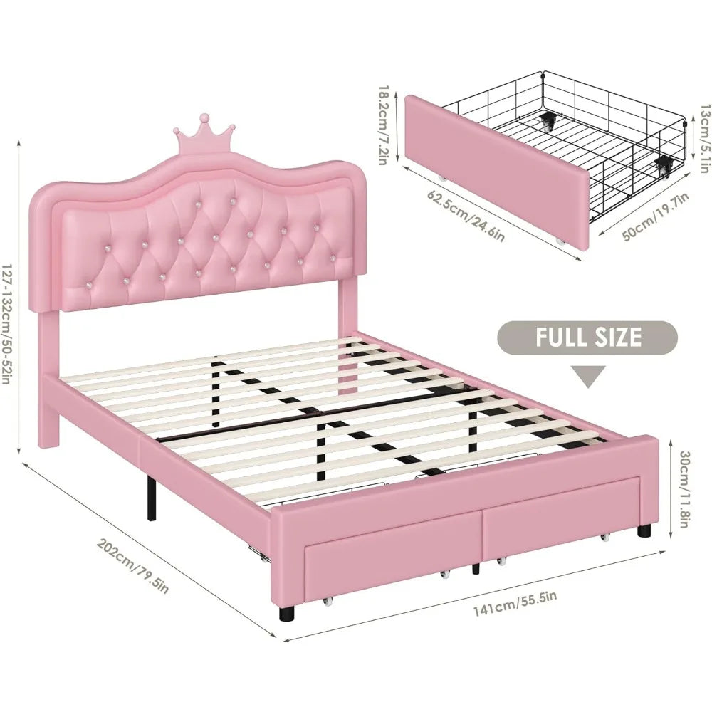 Keyluv Full Upholstered LED Bed Frame with Storage Drawer, Leather Princess Platform Bed with Adjustable Crystal Button Tufted C