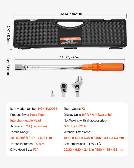 VEVOR Adjustable Click Torque Wrench 1/2 Inch Drive 20-160lbf-ft Dual-direction and Dual Range Scales with Adapter