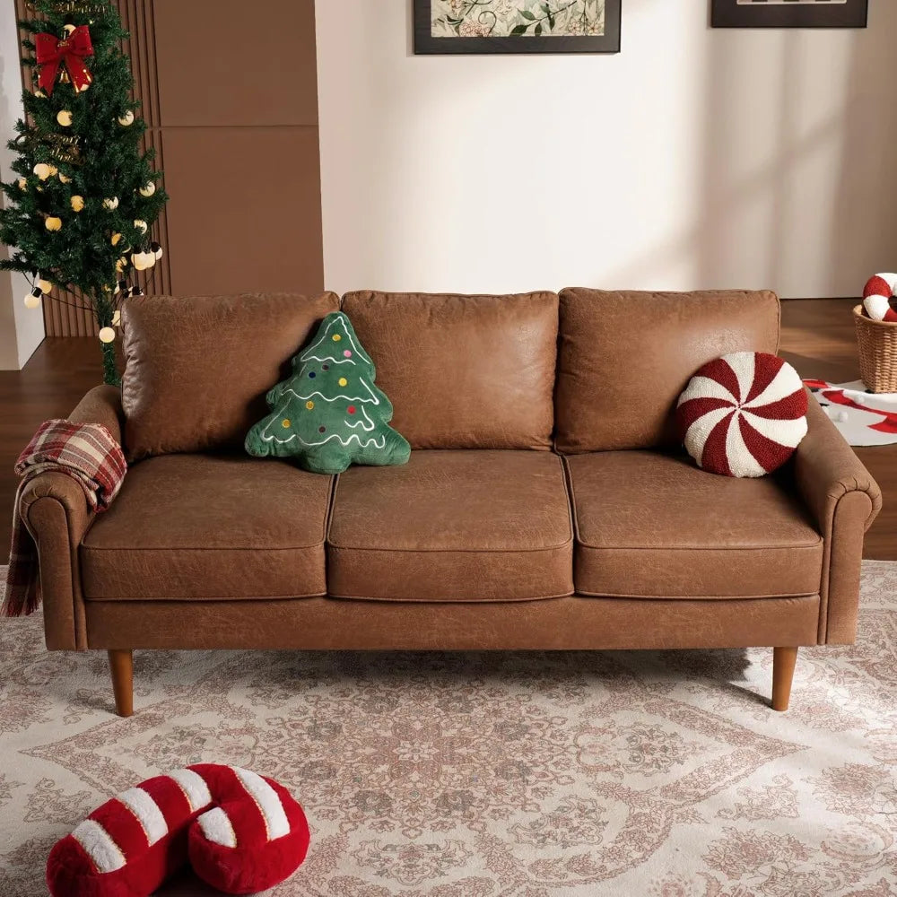 Faux Leather Mid-Century Modern Sofa for Living Room,3 Seater Couch with Comfy Cushions,73" Upholstered Sofas with Deep Seat