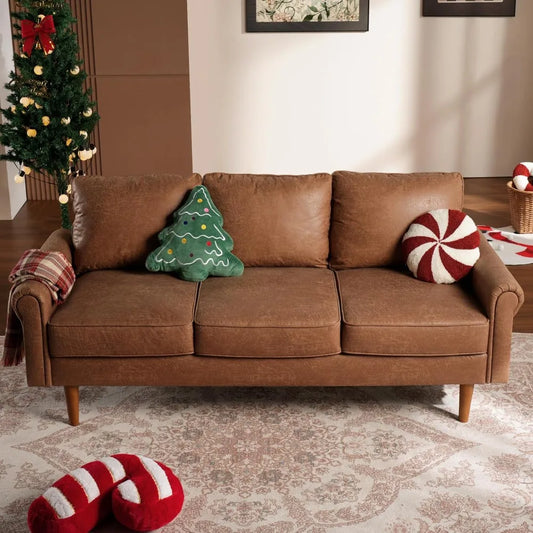 Faux Leather Mid-Century Modern Sofa for Living Room,3 Seater Couch with Comfy Cushions,73" Upholstered Sofas with Deep Seat