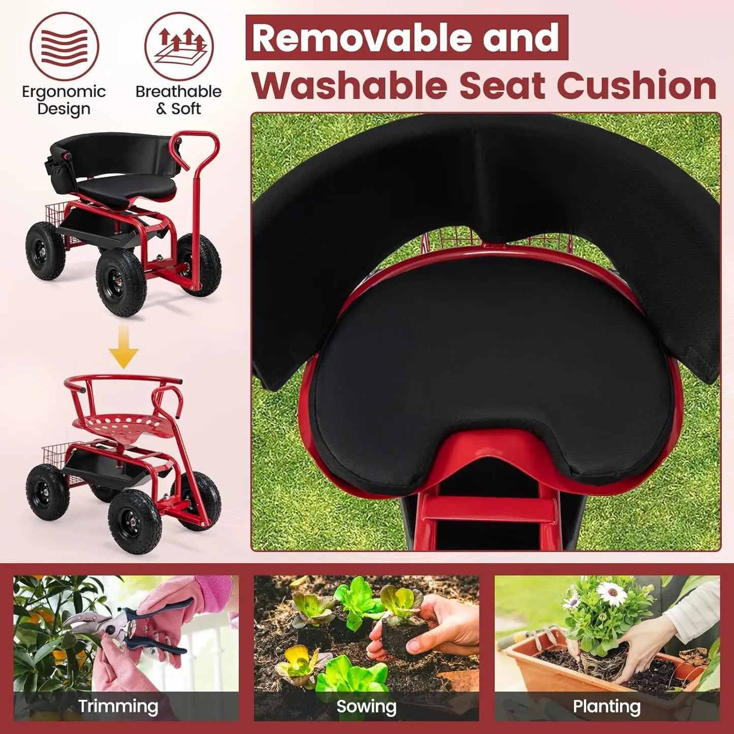 Goplus Garden Cart, Outdoor Rolling Garden Scooter W/Adjustable 360 Degree Swivel Seat, Tool Tray & Storage Basket