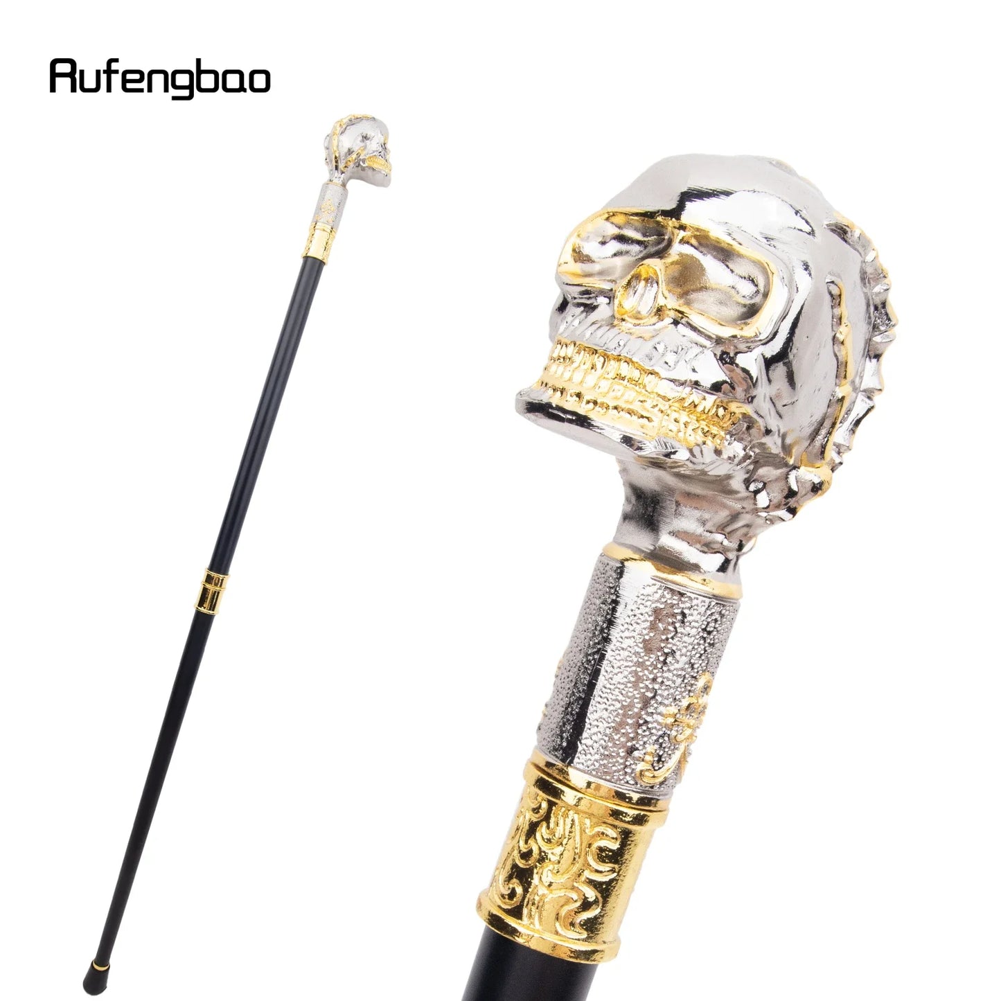 Golden White Skull Steampunk Walking Cane Crosier Knob 91cm