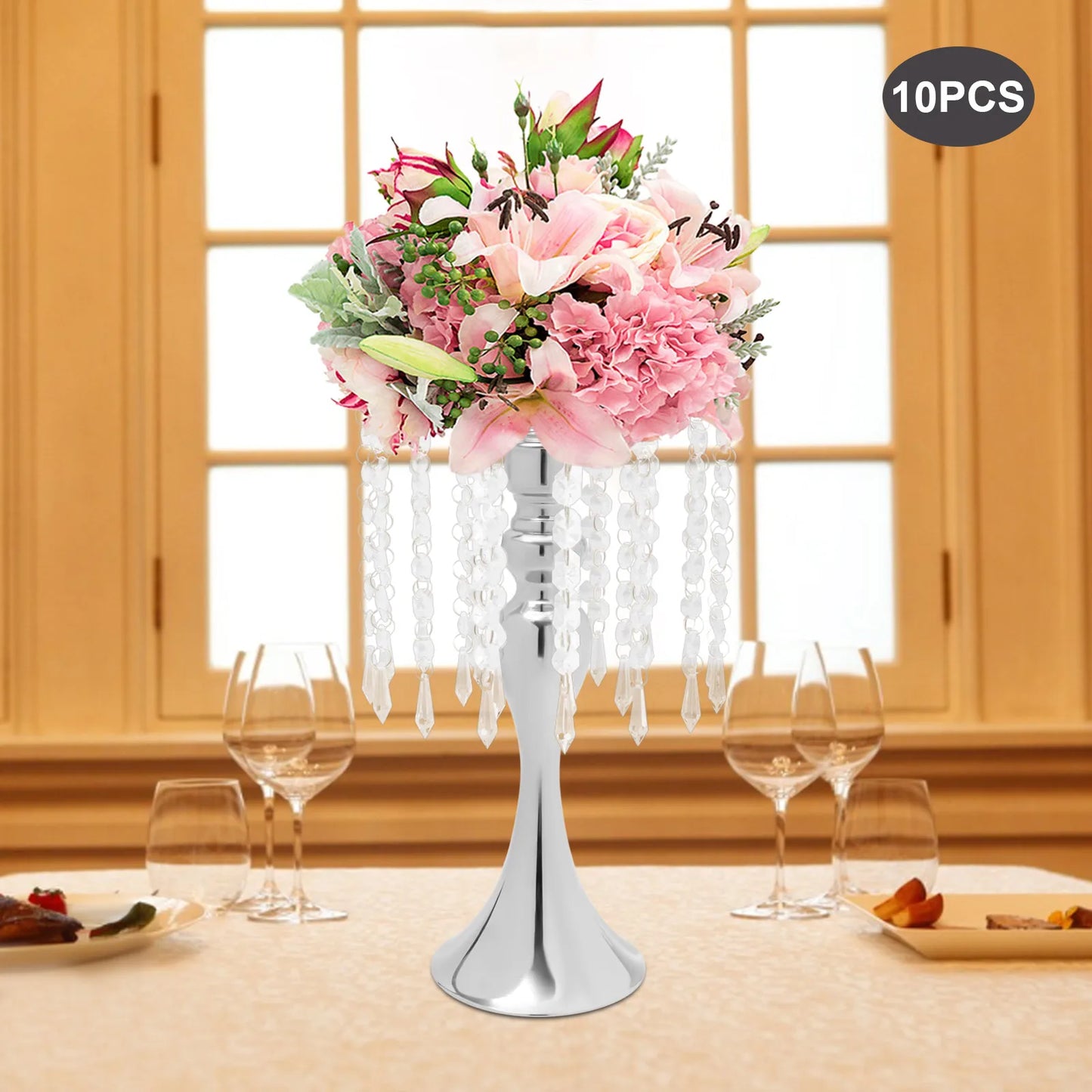 10 PCS Golden/Sliver Crystal Flower Holders Centerpiece Metal Flower Vase with Stable Base for Wedding Party Event Decor