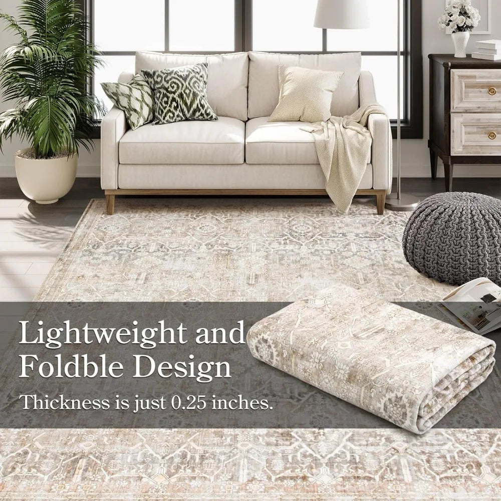 Large Area Rug for Living Room 10x14, Machine Washable Neutral Oriental Farmhouse Rugs for Bedroom, Soft Non-Slip Low Pile Indo