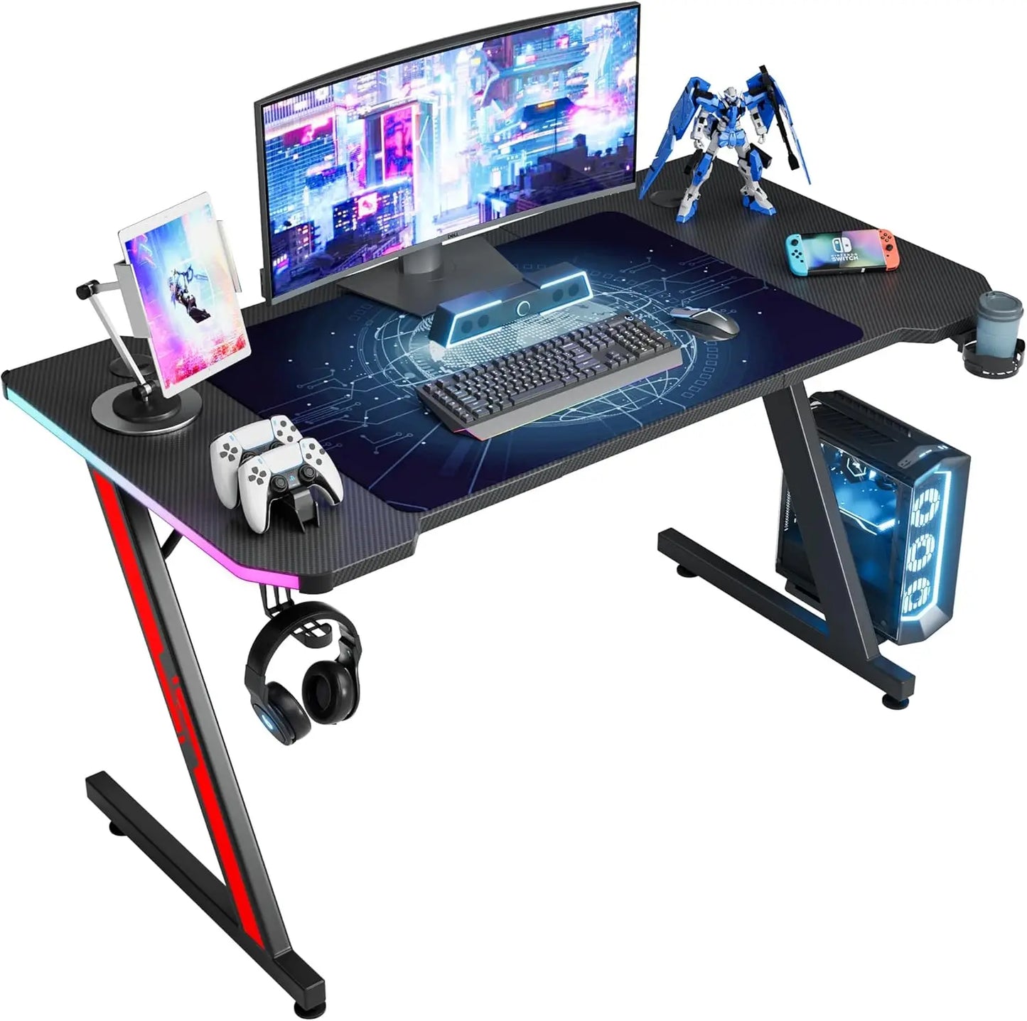 Gaming Computer Desk with Carbon Fiber Surface, Gaming Table Z Shaped PC Home Office with Cup Holder&Headphone Hook