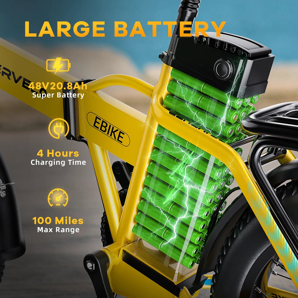 1000W Folding Electric Bike, 48V 20AH Large Removable Battery E Bike, 30+MPH, 80 Miles Max Range, 20" Fat Tire Electric Bike for