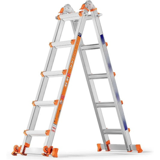 Telescoping A Frame Ladder, 17FT Multi Position Ladder w/ Stabilizer Bar & Wheels, 330lb Capacity for Stairs & Home