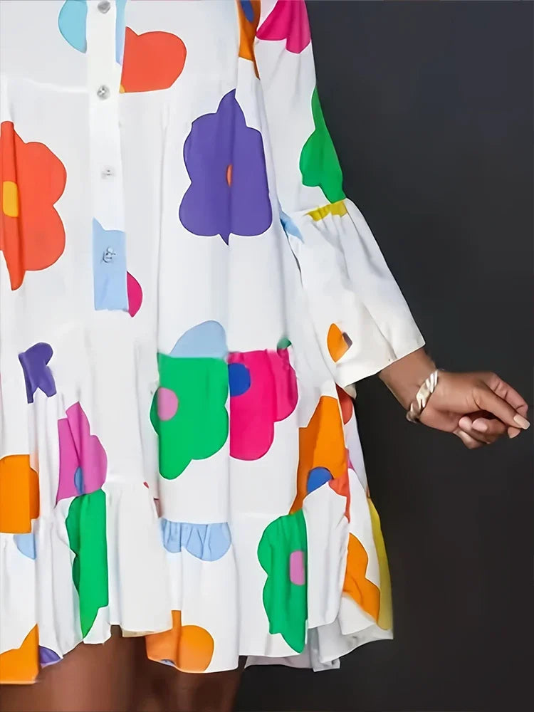 Plus Size 2025 Autumn New Floral Printed Women's Dresses Casual Loose Button Fashion Streetwear Polyester V-Neck Pleated Dresses