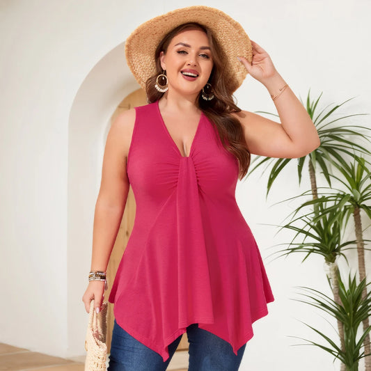 Plus Size Women's Solid V-Neck Tank Vest Pleated Tunic Tops Summer Ladies Holiday Beach Vacation Cami Camisole Size 1XL-6XL